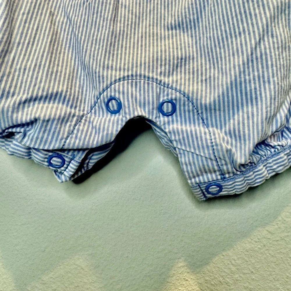 Sweet Strawberry Embroidered Pin Stripe Romper | Ruffles | 6-9mo | EUC | Blue - Picture 4 of 7
